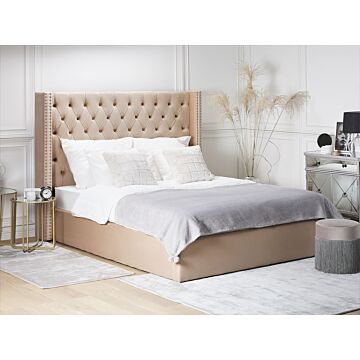 Bed Frame With Storage Beige Velvet Upholstered 5ft3 Eu King Size High Headboard Beliani