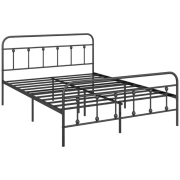 Homcom 4ft Double Platform Bed Frame With Underbed Storage Tall Headboard Steel Slat No Box Spring Needed Easy Assembly Black
