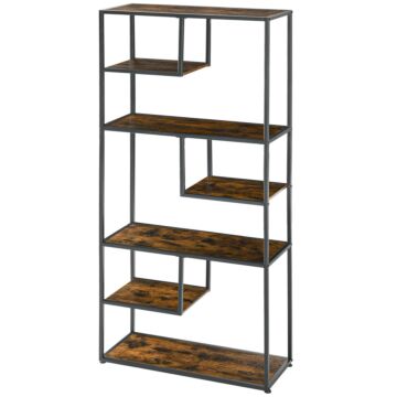 Homcom Industrial Bookcase Shelf, 7 Tier Metal Shelving, Storage Shelves For Living Room, Home Office, Bedroom, Rustic Brown