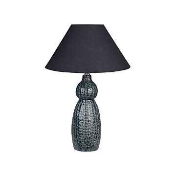 Table Lamp Dark Blue Black Ceramic Base Fabric Shade Ambient Lighting Bedside Table Lamp Beliani