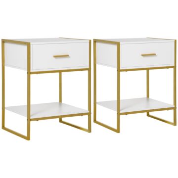 Homcom Bedside Table Set Of 2, Modern Side Tables With Drawer And Shelf, Nightstands For Bedroom, White