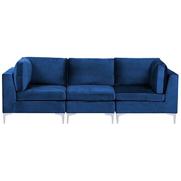 Modular Sofa Blue Velvet 3 Seater Silver Metal Legs Glamour Style Beliani