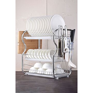 3 Tier Dish Drainer Rack Plate Bowl Storage Drying Tray Board With Kitchen Utensils Holder , Hooks