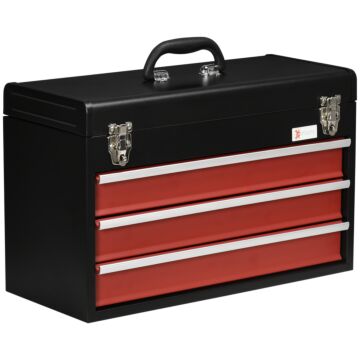 Durhand 3 Drawer Tool Chest, Lockable Metal Tool Box With Ball Bearing Runners, Portable Toolbox, 510mm X 220mm X 320mm