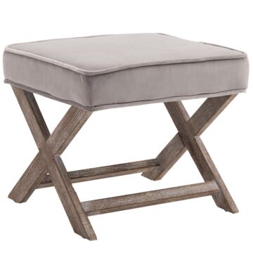 Homcom Vintage Footstool Padded Seat X Leg Chair Velvet Cover Shabby Chic Footrest Solid Rubber Wood 49.5 X 45 X 41 Cm Grey