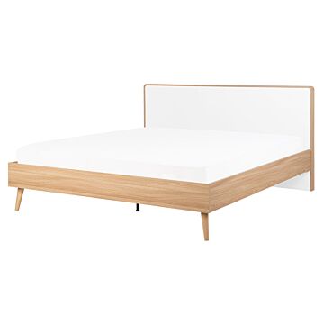 Slatted Bed Frame Light Manufactured Wood And White Headboard 5ft3 Eu King Size Scandinavian Design Beliani