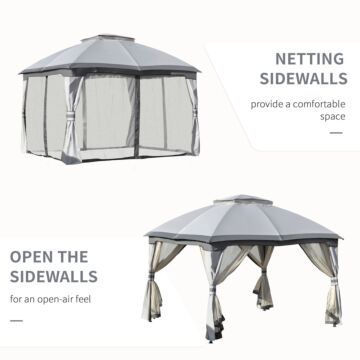 Outsunny 3.7 X 3(m) Metal Gazebo Canopy Party Tent Garden Patio Shelter With Netting Sidewalls & Double Tiered Roof, Grey