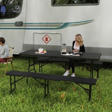 Outsunny Folding Picnic Table And Bench Set, Rattan Effect Portable Camping Table And Chairs With Carrying Handles For Indoor Outdoor, Dining, Camping, Picnic, Bbq, Party, Black