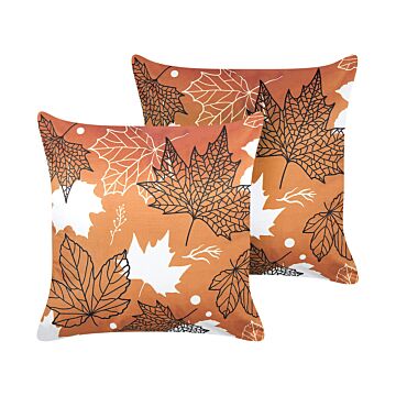 Set Of 2 Decorative Cushions Orange Velvet 45 X 45 Cm Leaf Pattern Boho Decor Accessories Beliani