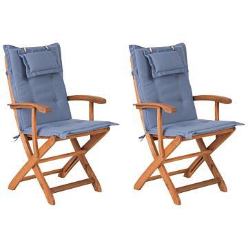 Set Of 2 Garden Dining Chairs Light Wood With Blue Cushion Acacia Wood Frame Folding Rustic Design Beliani