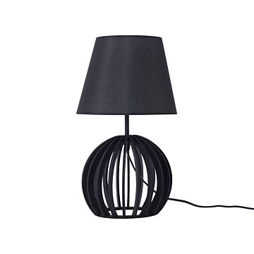 Table Lamp Black Round Wood Base Black Fabric Lampshade Modern Beliani