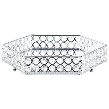 Decorative Tray Silver Iron And Glass Mirrored Hexagonal With Rhinestones Tabletop Glamour Accent Piece Beliani
