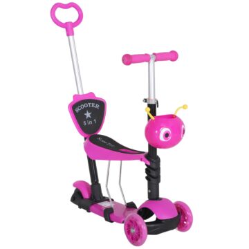 Homcom 5-in-1 Kids Toddler 3 Wheels Mini Kick Scooter Push Walker With Removable Seat & Back Rest For Girls And Boys Pink