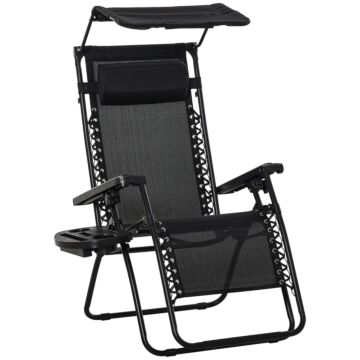Outsunny Zero Gravity Garden Deck Folding Chair Patio Sun Lounger Reclining Seat With Cup Holder & Canopy Shade - Black