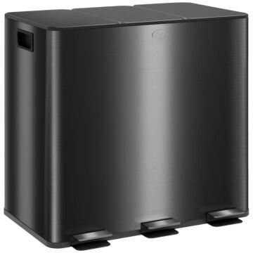 Homcom 3 X 15l Pedal Bin, Steel Triple Kitchen Bin With Soft Close Lid, Removable Inner Buckets, Fingerprint-proof, Black