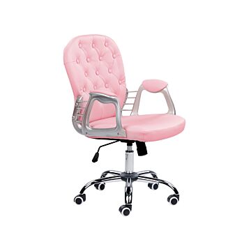 Office Chair Pink Faux Leather Gas Lift Height Adjustable Button With Tufted Backrest And Full Swivel Beliani