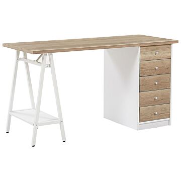 Home Office Computer Desk Light Wood Top 140 X 60 Cm With Drawers White Frame Beliani