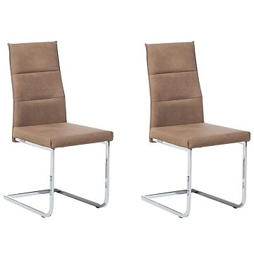 Set Of 2 Dining Chairs Sand Beige Faux Leather Upholstered Cantilever Silver Legs Armless Modern Design Beliani