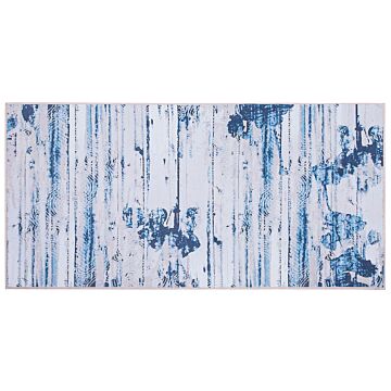 Area Rug Carpet Beige And Blue Polyester Fabric Abstract Distressed Pattern Rubber Coated Bottom 80 X 150 Cm Beliani