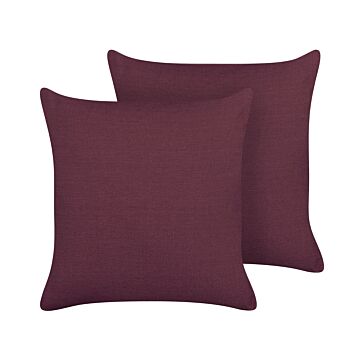 Set Of 2 Decorative Cushions Purple Linen 45 X 45 Cm Solid Colour Home Decoration Beliani