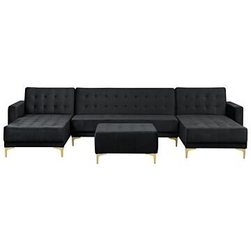 Corner Sofa Bed Black Velvet Tufted Fabric Modern U-shaped Modular 5 Seater With Ottoman Chaise Lounges Beliani