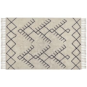 Area Rug Beige And Black Cotton 160 X 230 Cm Rectangular With Tassels Geometric Pattern Boho Style Beliani