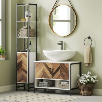 Homcom Under Sink Bathroom Cabinet, Rustic Under Sink Cabinet With Herringbone Doors And Open Compartment For Basin With Or Without Pedestal, 80 X 40 X 60cm, Cream White