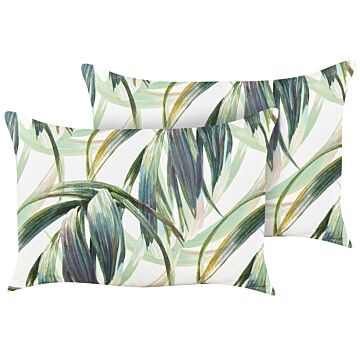 Set Of 2 Garden Cushions Green And White Polyester Leaf Pattern 40 X 60 Cm Modern Outdoor Decoration Water Resistant Beliani