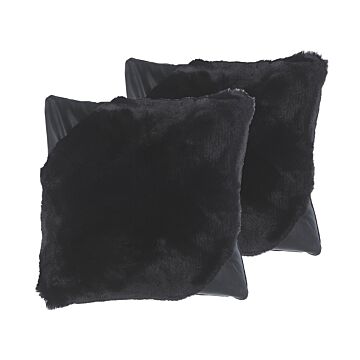 Set Of 2 Decorative Cushions Black Faux Fur Shaggy 42 X 42 Cm Double Sided Decor Accessories Beliani