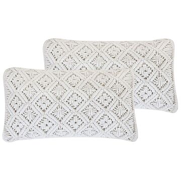 Set Of 2 Decorative Cushions White Cotton Macramé 30 X 50 Cm Rope Boho Retro Decor Accessories Beliani