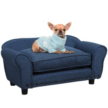 Pawhut Dog Sofa For Small Dogs, Pet Chair Couch With Thick Sponge Padded Cushion, Kitten Lounge Bed With Washable Cover, Wooden Frame - Blue