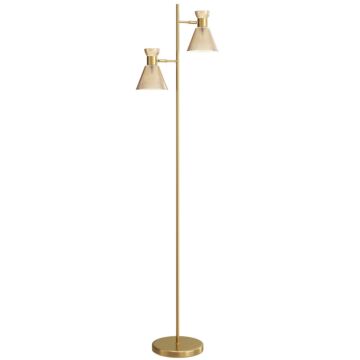 Homcom Floor Lamp With Adjustable Dual Head, Modern Standing Lamp With Floral Glass Shades And Foot Switch For Living Room Bedroom, E27 Socket, Bulb Not Included, Gold Tone