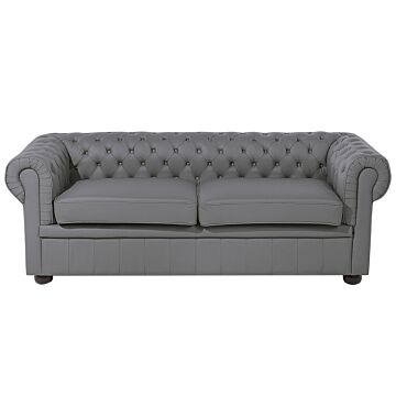 Chesterfield Sofa Grey Genuine Leather Upholstery Dark Wood Legs 3 Seater Contemporary Beliani