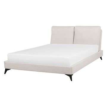 Eu King Size Panel Bed Beige Fabric 4ft6 Slatted Base With Padded Headboard Beliani