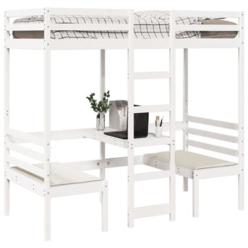 Vidaxl Loft Bed Frame With Desk And Chairs White 90x200cm Solid Wood Pine