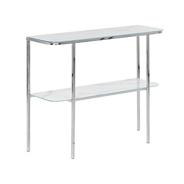 Console Table White Silver Tempered Glass Steel 100 X 33 Cm Marble Effect Glam Modern Living Room Bedroom Hallway Beliani