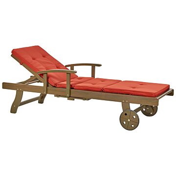 Garden Sun Lounger Dark Acacia Wood Natural With Red Cushion Adjustable Backrest Inbuilt Castors Rustic Traditional Style Beliani