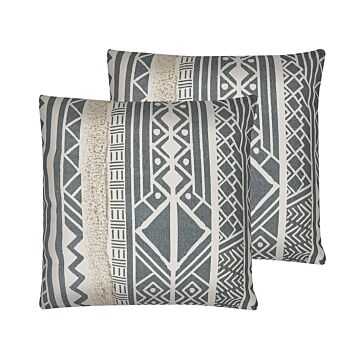 Set Of 2 Scatter Cushions Grey Polyester Cotton 45 X 45 Cm Boho Geometric Pattern Fringe Living Room Bedroom Beliani