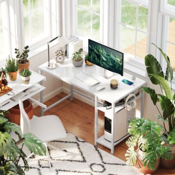 Homcom 120 X 60 Cm Computer Desk With Power Outlets And Reversible Shelves - White