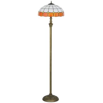 Homcom Tiffany-style Floor Lamp With Handcrafted Stained Glass Shade, 152cm Tall Vintage Standing Lamp With Foot Switch And Dual Sockets For Living Room Bedroom, Bronze Tone And Orange