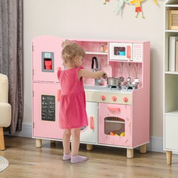 Aiyaplay Play Kitchen, Kids Kitchen Set With Lights And Sounds, Double Stoves, Ice Maker, Chalkboard For 3+ Years - Pink