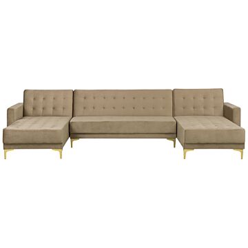 Corner Sofa Bed Beige Velvet Tufted Fabric Modern U-shaped Modular 5 Seater With Chaise Lounges Beliani