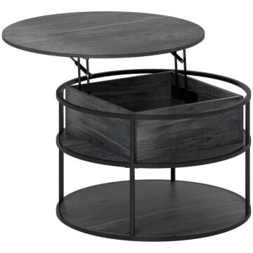 Homcom Lift Top Coffee Table, Round Coffee Table With Storage Shelf, Hidden Compartment And Steel Frame For Living Room, Home Office, Charcoal Grey