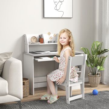 Zonekiz Kids Desk And Chair Set With Storage For 5-8 Year Old, 2 Pieces Childrens Table And Chair Set, Grey