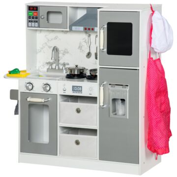 Aiyaplay Toy Kitchen With Lights Sounds, Apron And Chef Hat, Ice Maker, Microwave, For 3-6 Years Old - White