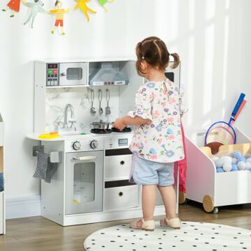 Aiyaplay Toy Kitchen With Lights Sounds, Apron And Chef Hat, Ice Maker, Microwave, For 3-6 Years Old - White