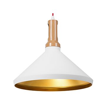 Hanging Light Pendant Lamp Withe With Gold And Light Wood Aluminium Cone Shade Industrial Design Beliani