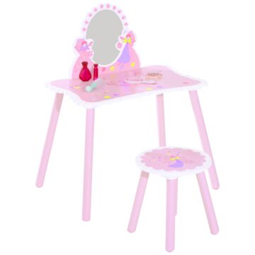 Homcom Kids Dressing Table Girls Pink Wooden Kids Dressing Table & Stool Make Up Desk Chair Toys Fairy Dresser Play Set W/mirror