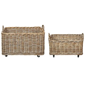 Set Of 2 Baskets Natural Rattan With Plastic Rubber Wheels Handles Handmade Mahogany Frame Boho Style Living Room Bedroom Beliani