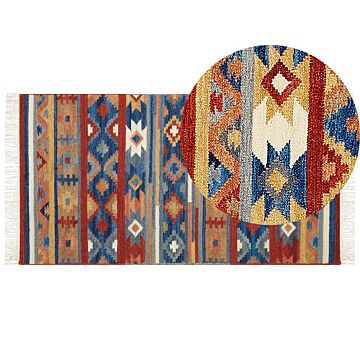 Wool Kilim Area Rug Multicolour 80 X 150 Cm Hand Woven Ethnic Motif Rustic Oriental Design Beliani